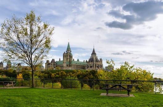 Autumn view of the Parliament Hill in Ottawa, Canada. View from Tavern On The Hill