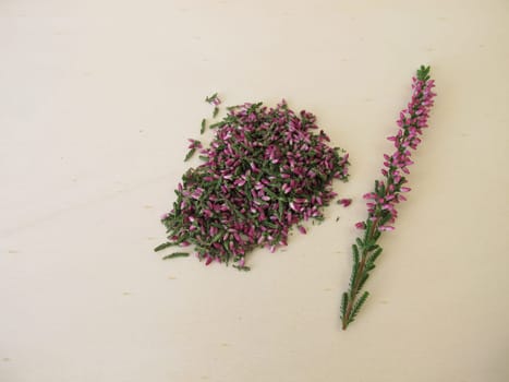 Dried heather herb with leaves and flowers on a wooden board