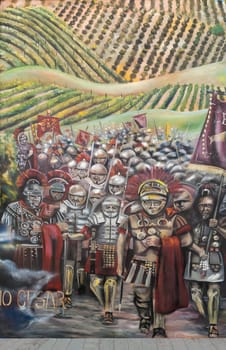 Jan 1st 2020 - Montilla, Spain: Munda battle wall painting at Montilla builing, Cordoba, Andalusia, Spain. Painter Gisel Rosso