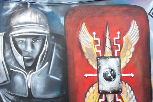 Jan 1st 2020 - Montilla, Spain: Munda battle wall painting at Montilla builing, Cordoba, Andalusia, Spain. Painter Gisel Rosso