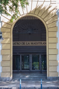 Seville, Spain - Sept 27th 2020: Teatro de la Real Maestranza door, opera house located in Seville, Spain