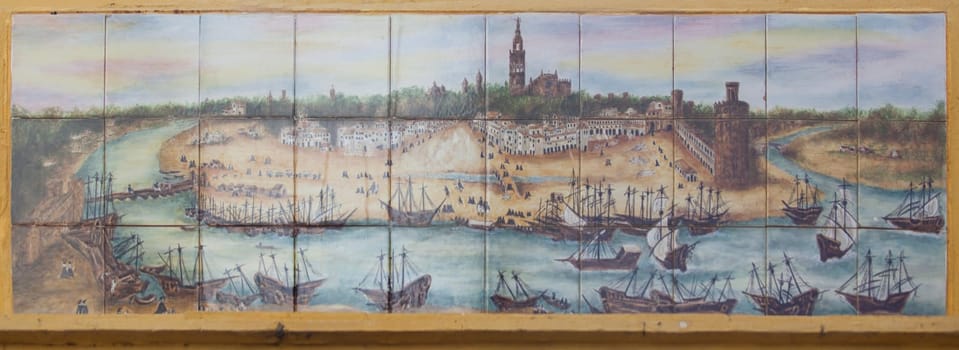 Seville, Spain - Sept 27th 2020: Seville in the 16th century glazed tile top panel. Original from Alonso Sanchez Coello painter