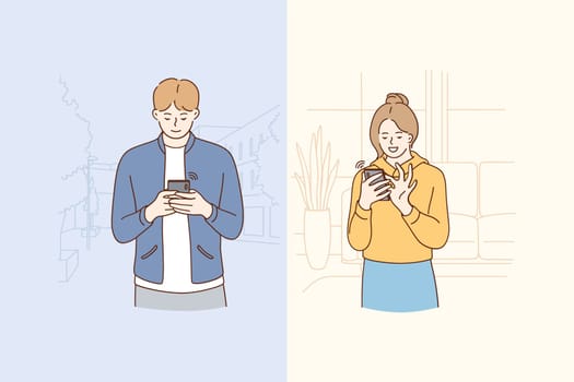 Online chatting and technology concept. Young smiling couple cartoon characters chatting and communicating online on smartphones by messenger and dating online vector illustration