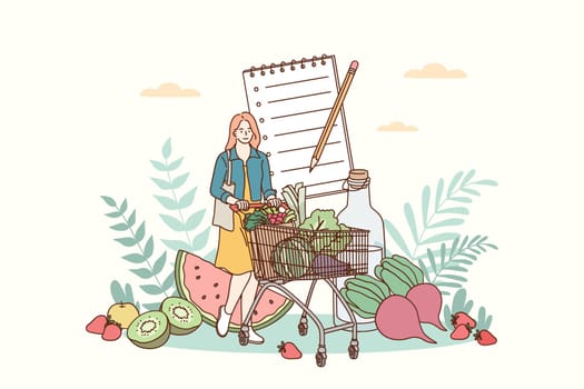 Healthy lifestyle and nutrition food concept. Young smiling woman cartoon character carrying fresh healthy vegan ingredients in shopping trolley bag in supermarket for eating balanced meals