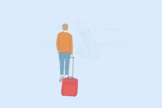Aerophobia and travel by plane concept. Young man with suitcase walking backwards going to plane and feeling scared to fly vector illustration