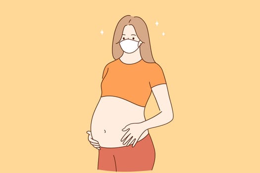 Pregnancy during CIVID-19 outbreak concept. Young pregnant woman mother cartoon character wearing medical protection face mask standing and embracing her tummy vector illustration