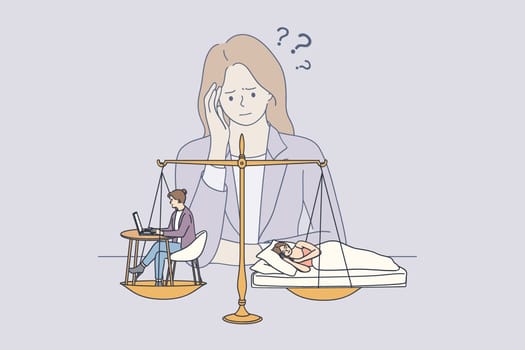 Hard choice between job and health concept. Young tired business woman trying to choose between career in office and good health and sleep trying to find balance between rest and work