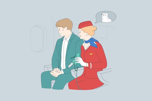 Aerophobia and psychological trouble in plane concept. Young scared man cartoon character sitting looking at window during flight with stewardess meaning his blood pressure vector illustration