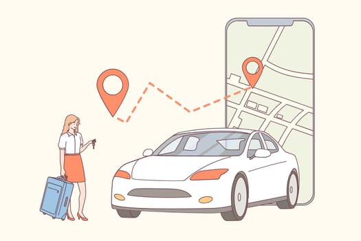 Car sharing, application, online renting concept. Young woman cartoon character with suitcase standing and making order for car sharing on smartphone in special application vector illustration