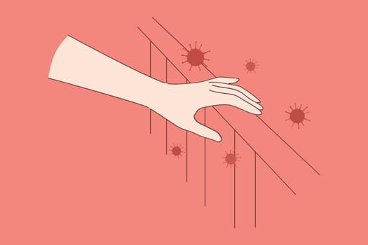 Corona virus bacterias danger concept. Human hand touching surface with COVID-19 2019-nCoV germs spreading and having direct physical contact with dangerous disease vector illustration