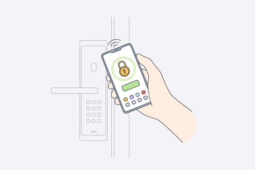 Online mobile security system concept. Close-up of human hands controlling security of house with mobile app on smartphone, locking door online vector illustration