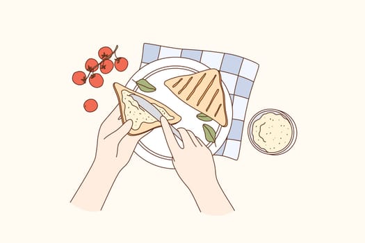 Cooking, food preparation, breakfast concept. Human hands making sandwich with cherry tomato cream cheese and herbs for lunch or breakfast over table vector illustration, top view
