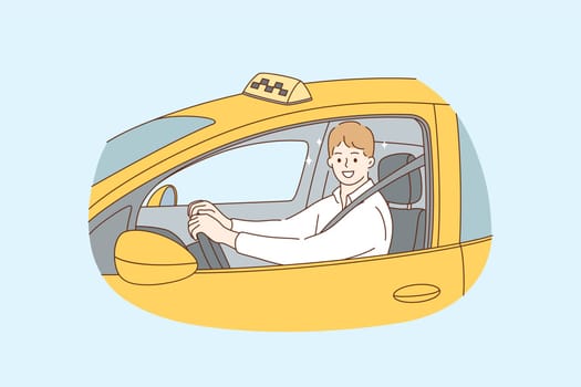 Taxi driver profession during work concept. Young smiling handsome man taxi driver sitting in yellow car and looking from window during job vector illustration