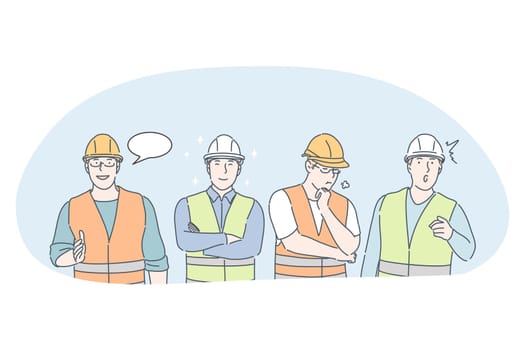 Engineering and construction workers concept. Men professional engineers, builders and managers cartoon characters in protective helmets and uniform communicating and discussing building projects