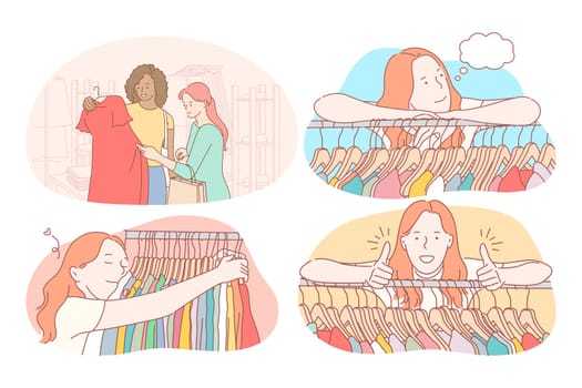 Shopping, fashion, clothing, garment, customer concept. Young positive women cartoon characters doing shopping in clothes boutique or trade center and trying to choose best model and color