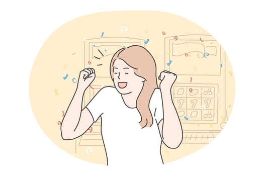 Success, gambling, luck, concept. Happy excited young woman winner character gambler enjoys jackpot money cash prize in casino slot machine. Goal achievement lucky winning game victory illustration.