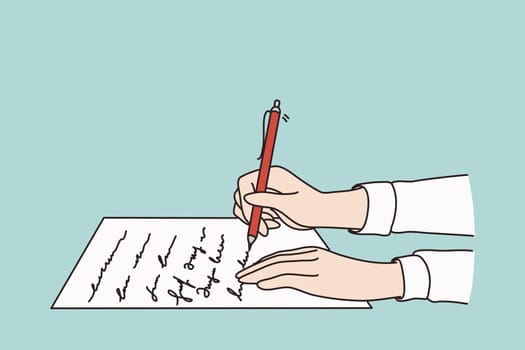 Blind people lifestyle concept. Human hands writing and reading letter on paper or book written in Braille, close-up over blue background vector illustration