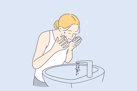 Beauty, skincare, Cosmetology concept. Young smiling pretty blonde woman cartoon character standing washing her face with water in morning skincare treatment vector illustration