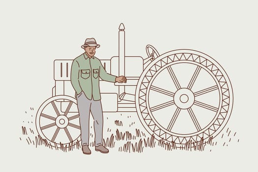 Agriculture and Harvest concept. Smiling man cartoon character farmer agricultural worker in hat standing on grass rye field during harvesting on machine vector illustration
