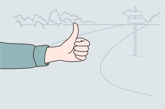 Hitchhiking, hitching, thumbing concept. Human hand showing thumbs up sign during Travel, trip, vacation, wanderlust outdoors vector illustration