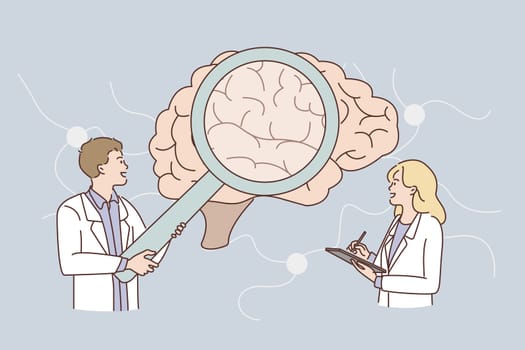 Research of human brain concept. Young man and woman doctors scientists standing looking at huge human brain making notes together vector illustration