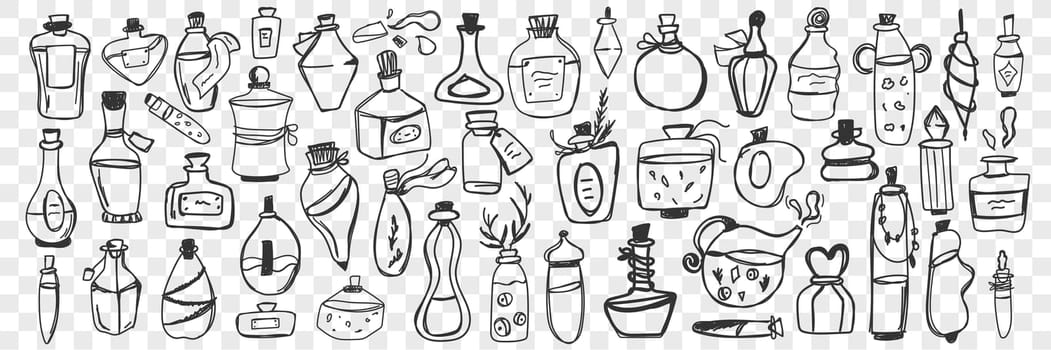 Glass containers doodle set. Collection of hand drawn bottle, jar, vial, flask for keeping liquids at home isolated on transparent background. Illustration of glassware of various sizes and shapes