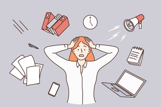 Stress, burnout, feeling tired concept. Young stressed woman worker cartoon character standing touching head with flying things duties around vector illustration