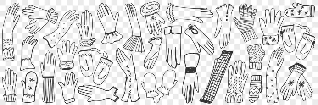 Gloves and mittens doodle set. Collection of hand drawn different casual winter warm gloves and moyyens for wearing outdoors isolated on transparent background. Illustration of knitted fur clothes
