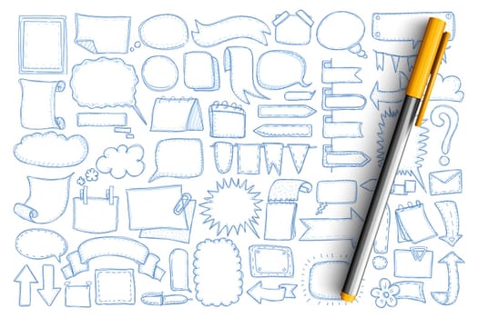 Arrows and chat baubles doodle set. Collection of hand drawn different directions arrows, indicators, flags, chat message communication bubbles and blank symbols isolated on transparent background