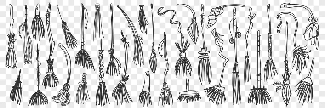 Brooms doodle set. Collection of funny hand drawn various brooms for homework and cleaning isolated on transparent background. Illustration of household and handmade tools for fighting with dust