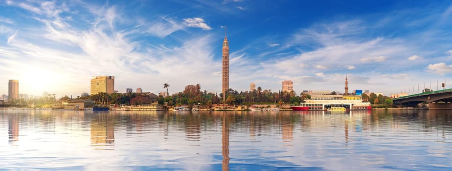 Panorama of Cairo at sunset, the TV Tower and Nile view, Egypt.