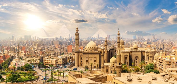 Mosque-Madrasa of Sultan Hassan, beautiful panorama of Cairo landmarks, Egypt.