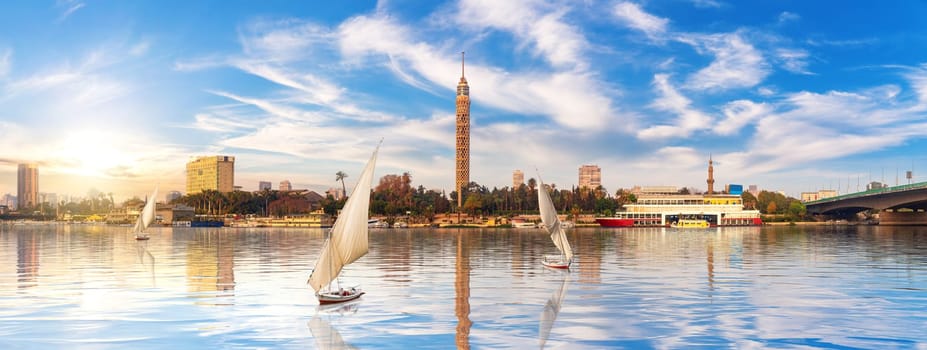Panorama of Cairo, the Nile with sailboats and Gezira island view, Egypt.