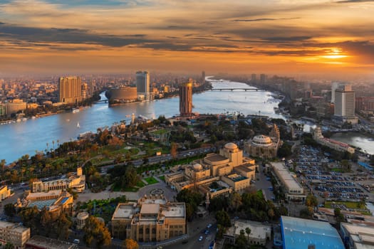 Beautiful view on Gezira island over the Nile in Cairo at sunset, panorama from the Tower, Egypt.