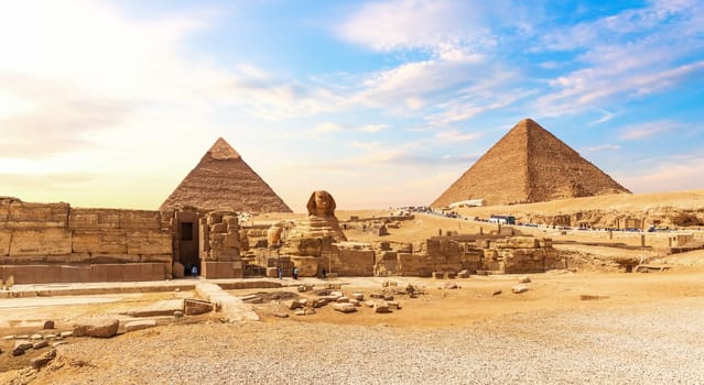 The Great Sphinx and the Egypt Pyramid Complex at sunset, Giza.