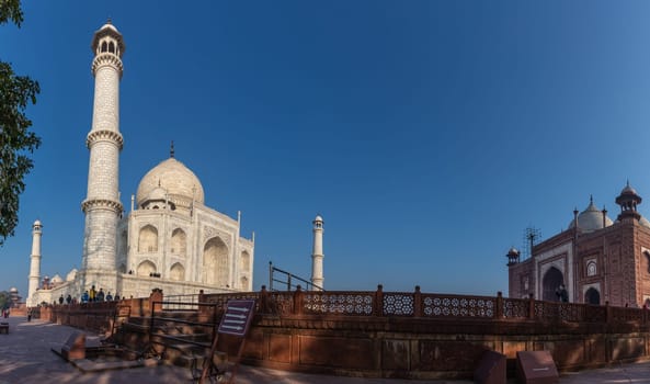 Taj Mahal mosque close panorama, India.