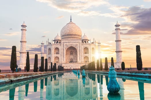 Taj Mahal at sunset, the main place of visit of India, Agra.