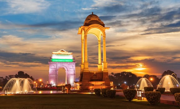The India Gate and the Canopy in New Delhi, sunset view.