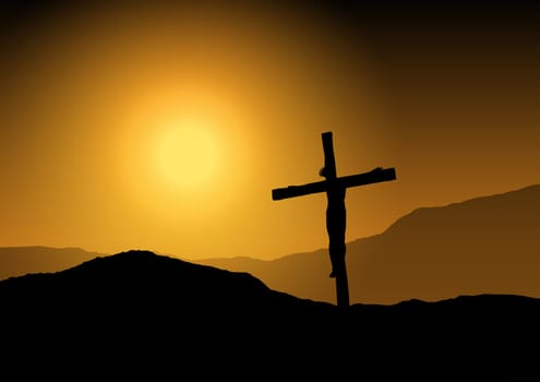 Silhouette of jesus on the cross against a sunset sky