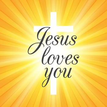 Jesus loves you text on a cross and starburst background
