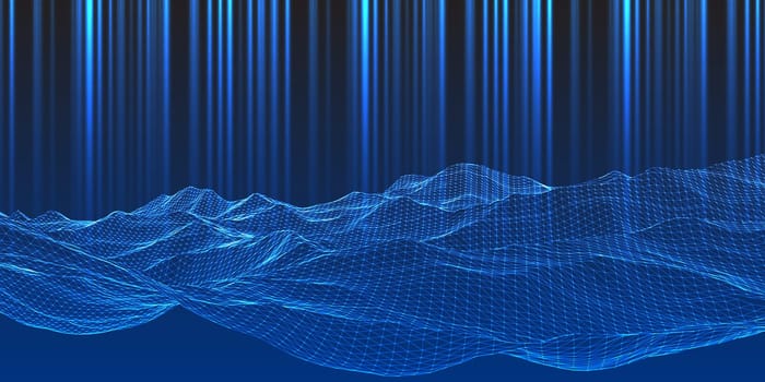 Modern techno background with a wireframe landscape design