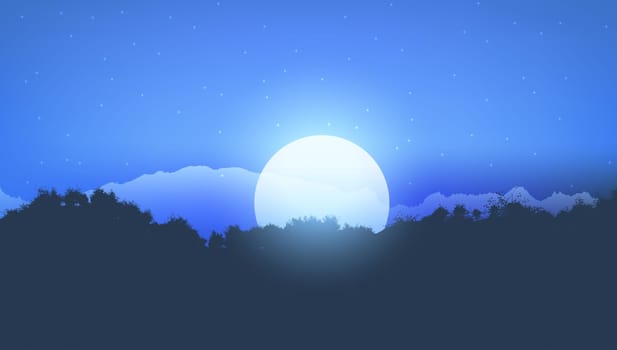 Silhouette of a tree landscape against a moonlit sky