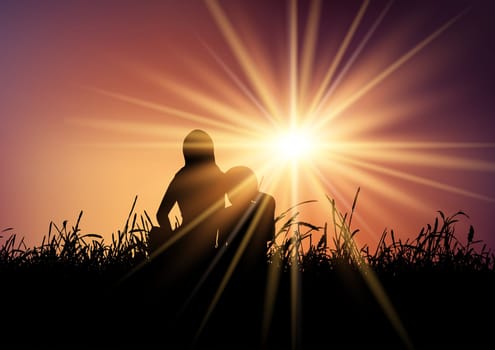 Silhouette of a mother and son against a sunset sky
