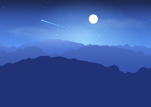 Abstract background with mountain landscape at night with shooting star in sky