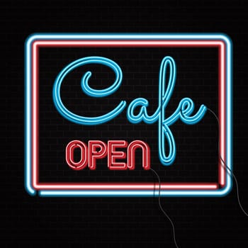Neon style sign on brick wall with the words cafe open