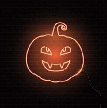 Glowing neon Halloween pumpkin sign on a brick wall texture