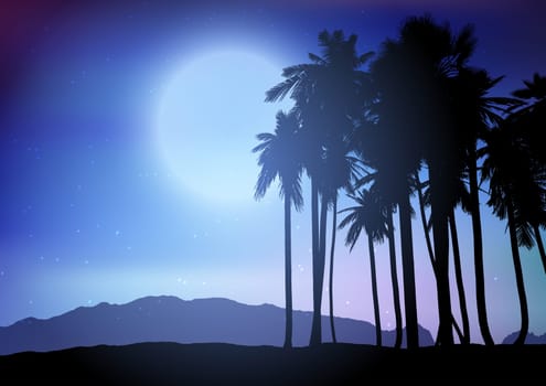 Silhouette of a palm tree landscape against a night sky
