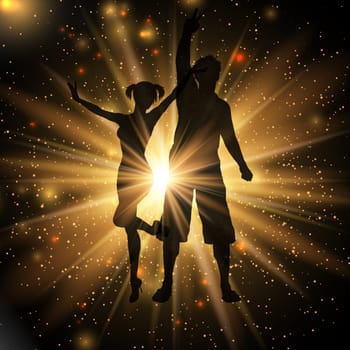 Silhouette of a party couple on a gold starburst background