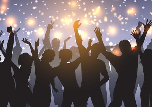 Silhouette of a party crowd on a bokeh lights background
