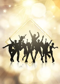 Silhouette of a party crowd on a gold bokeh lights background